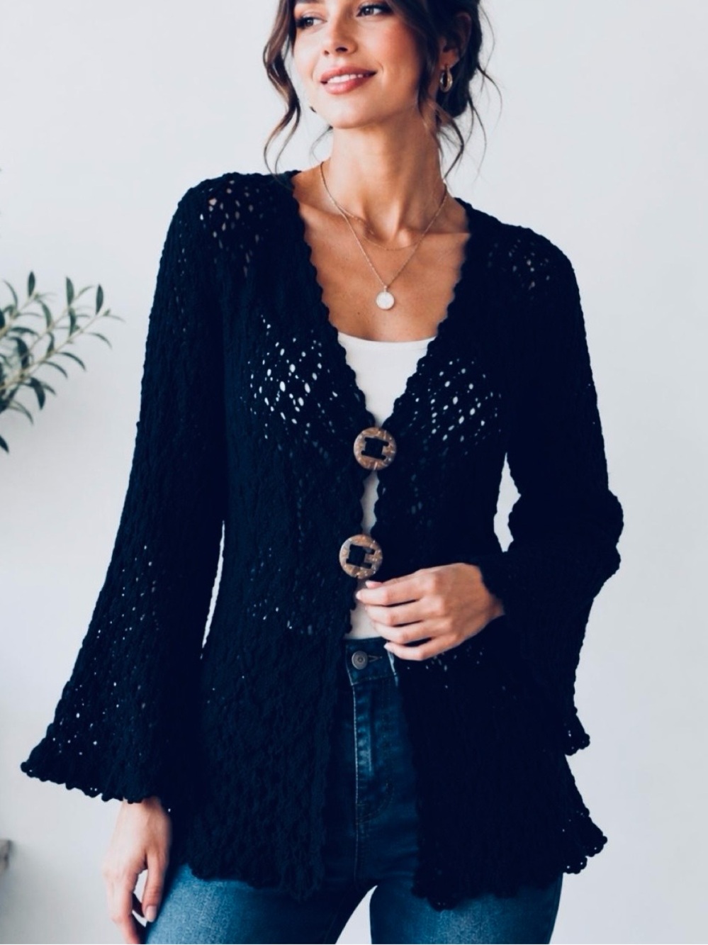 Lisa international Sz XL Structure Black Crochet Cardigan Wood Buttons Acrylic